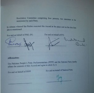 Agreement signed between PTI and PMLN to form Poll Inquiry Commission 